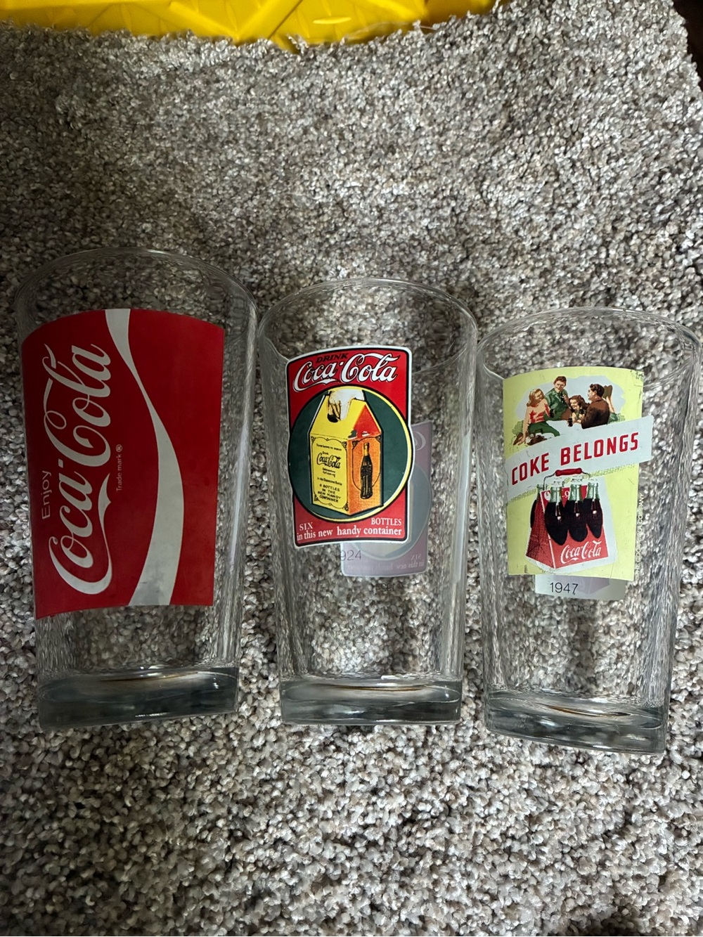 Coca Cola Clear Glasses with Red and Yellow Retro Labels - Set of 3